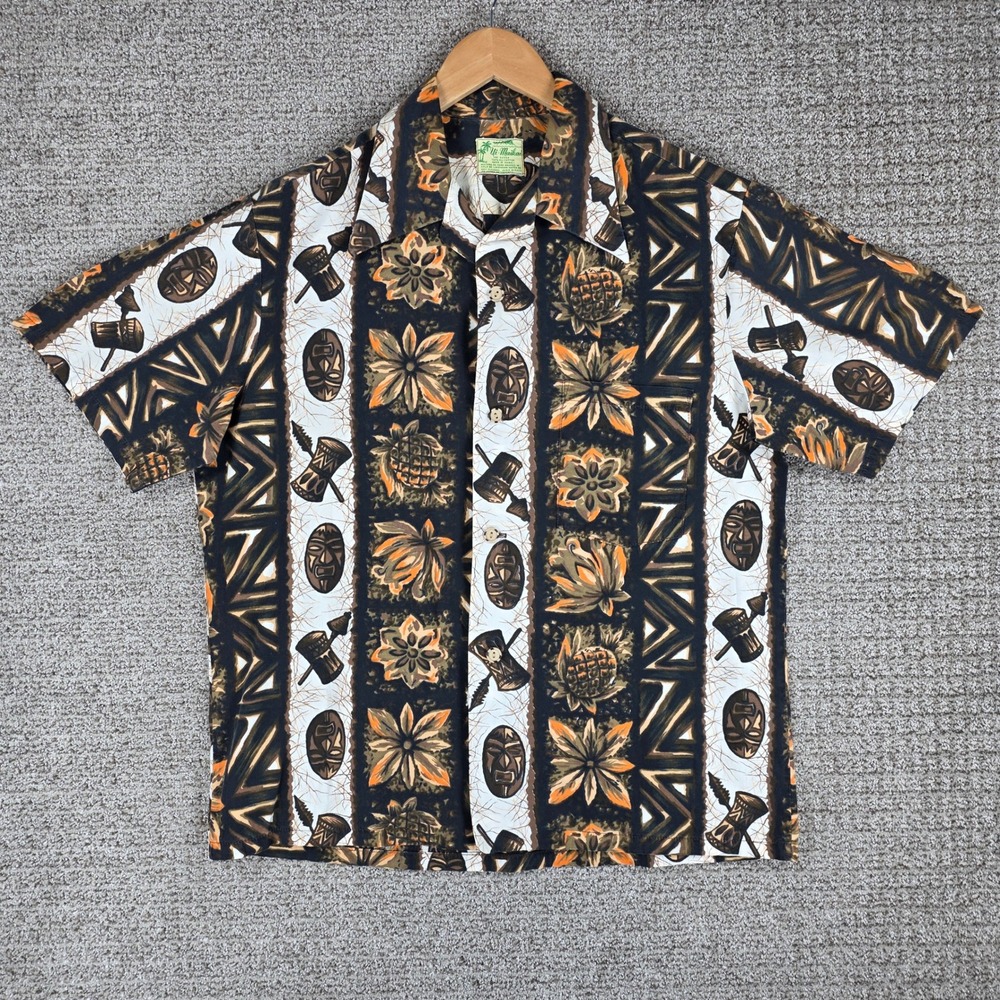 Vintage Ui-Maikai Hawaiian Shirt Mens XL Tiki Mask Tribal Print Cotton